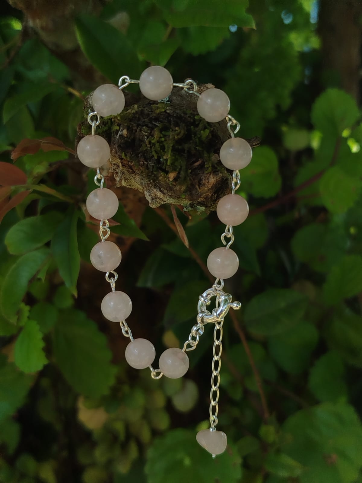 Pulseira de Quartzo Rosa - Folheada a Prata