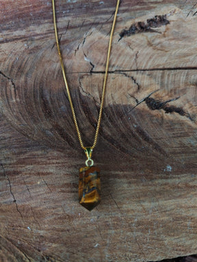 Colar de ponta de cristal de Olho de tigre -  Folheado a ouro