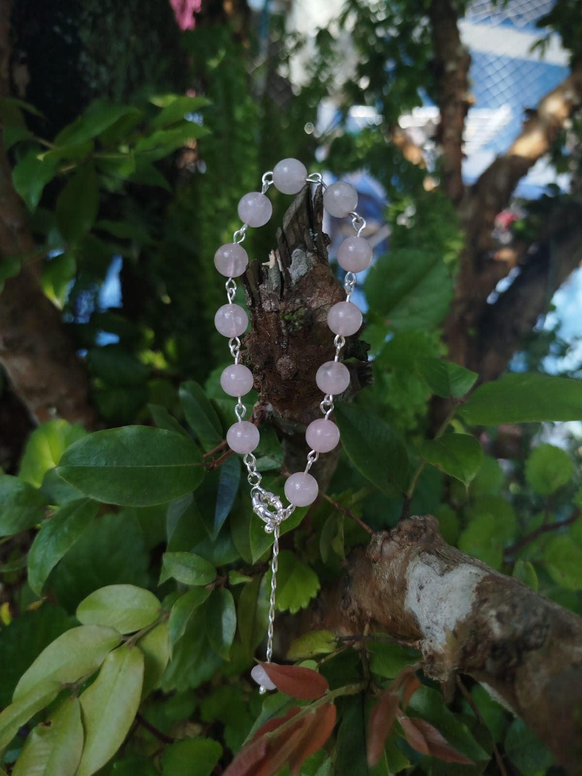 Pulseira de Quartzo Rosa - Folheada a Prata