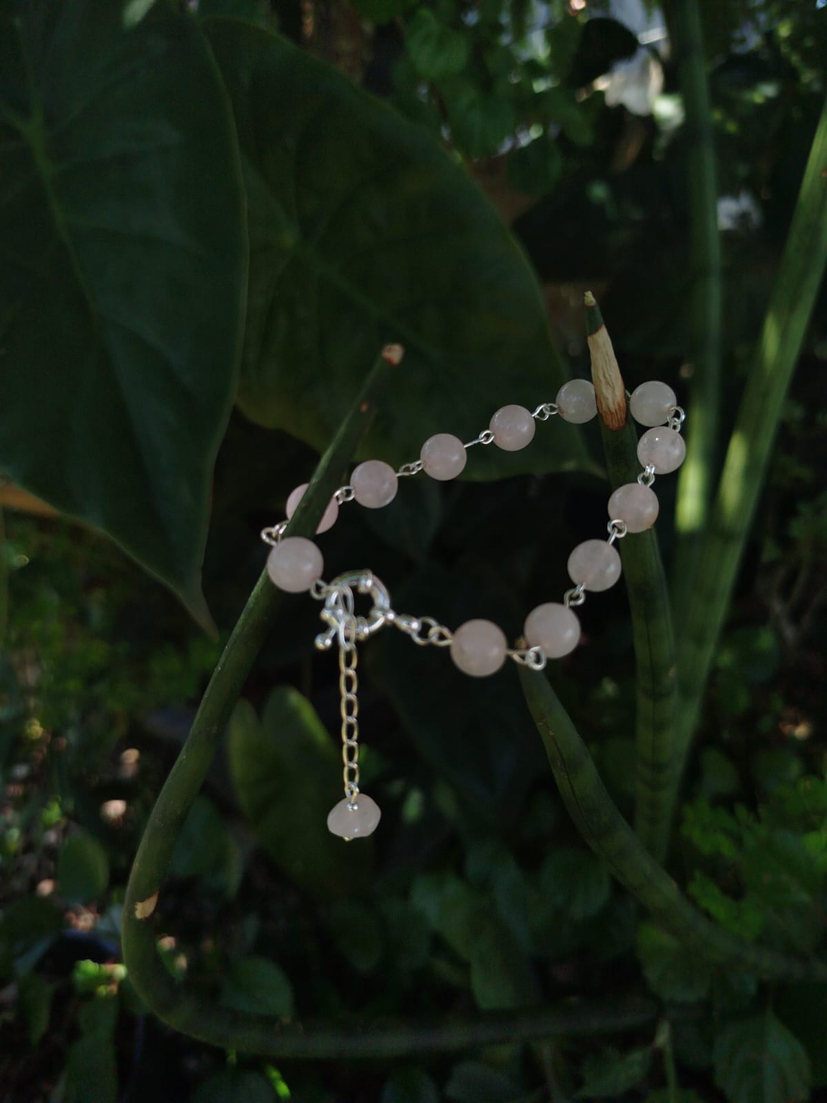 Pulseira de Quartzo Rosa - Folheada a Prata